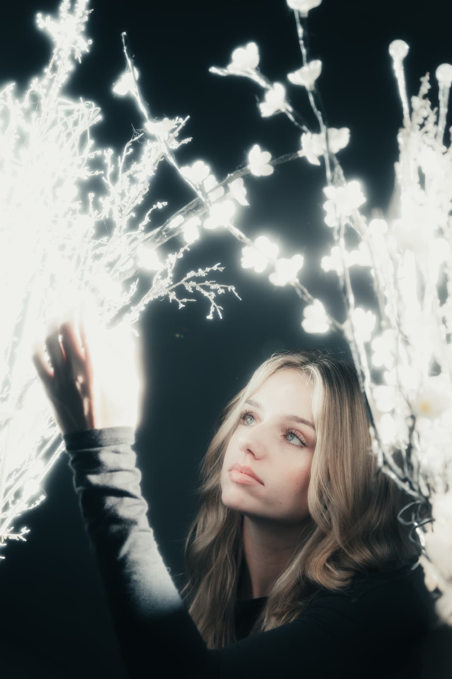 A cool blue portrait doubled across a reflective black surface.